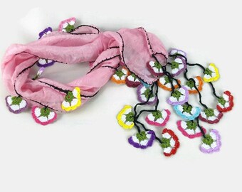 Pink Silk Scarflette, Silk foulard , Turkish oya Scarf, Womens Neck Scarf, Crochet Flower scarf, Gift ideas for Her, Boho Chic