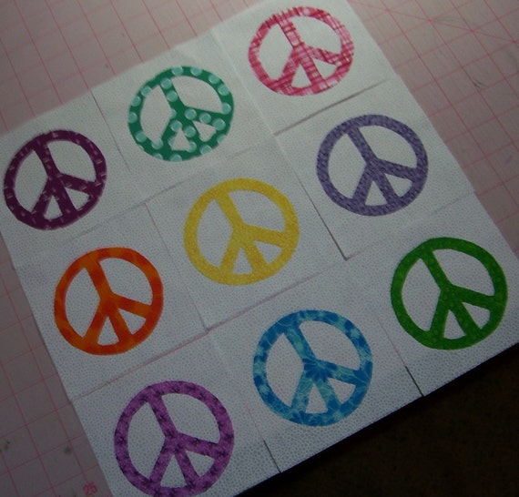 Set of 9 Peace Sign Applique Quilt Blocks, Bright Fabrics