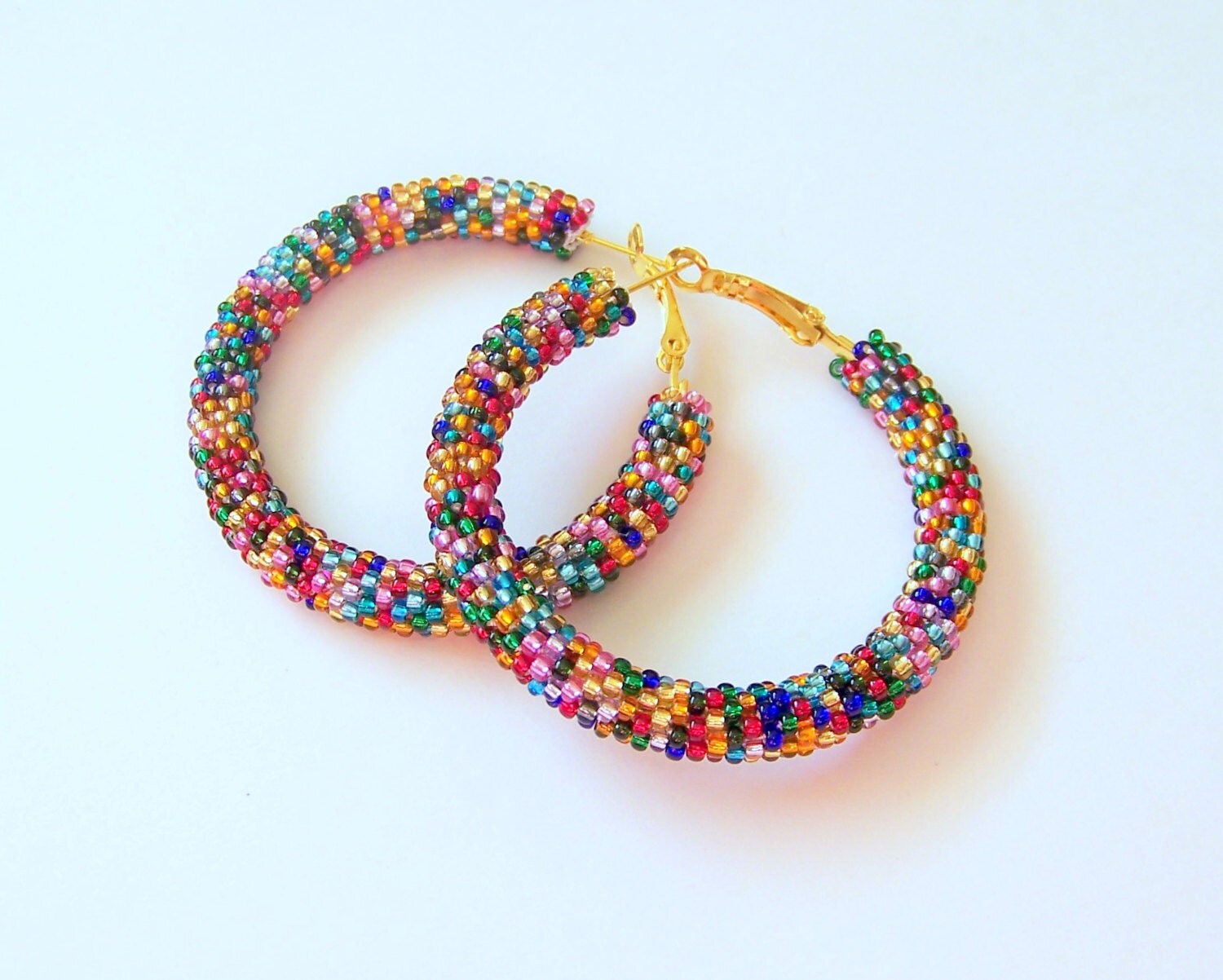 Beaded colorful hoop mosaic earrings Beadwork beaded