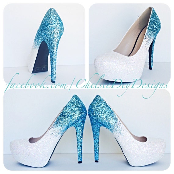 Glitter High Heels Blue and White Pumps Aqua by ChelsieDeyDesigns