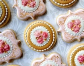 Elegant Pink, Gold & Marbled Cookies with roses- One Dozen Decorated Sugar Cookies