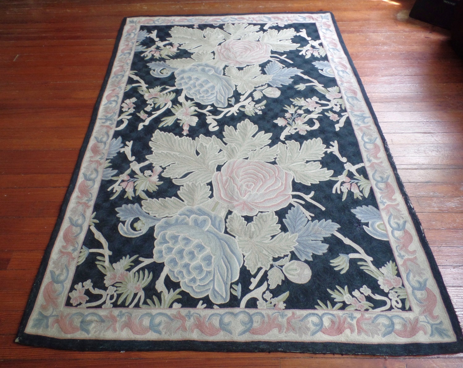 Vintage Hand Hooked Rug Black Floral Hooked Rug by RubyDustVintage