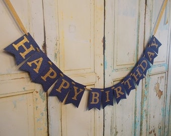 Happy Birthday Banner, Embossed Navy and Gold Banner, Womans Birthday Banner, Adult Birthday Decorations