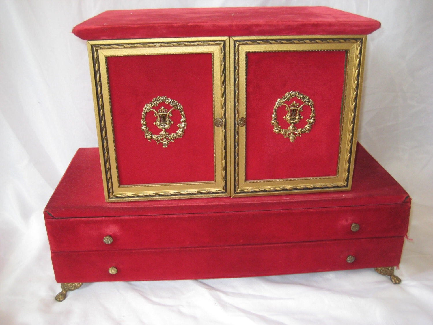 Red velvet dresser top jewelry chest, Large victorian jewelry box