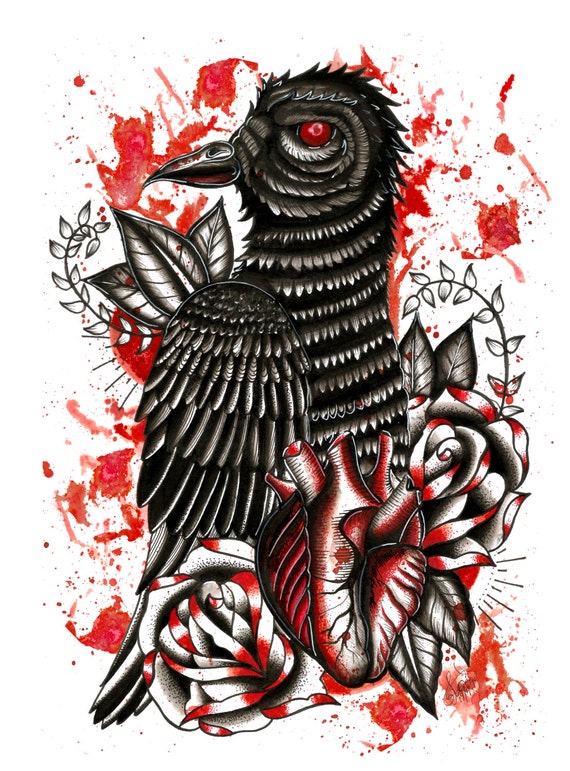 Neo Traditional Crow Heart and Roses A4 Matt tattoo flash art
