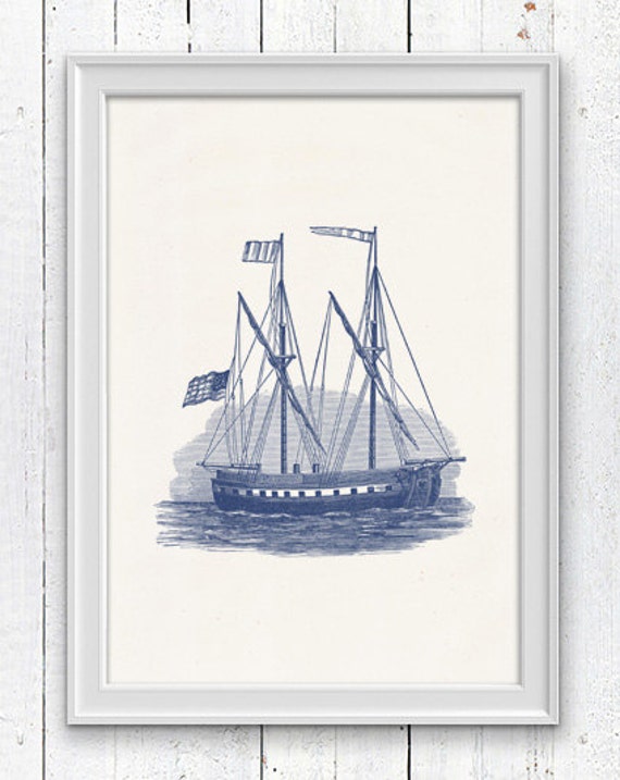Nautical Poster Old Ship in blue sea life print Vintage
