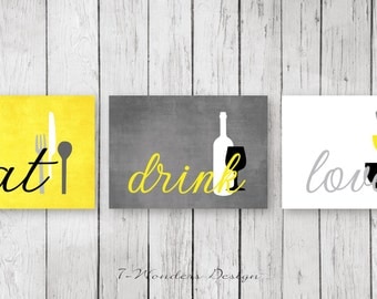 Kitchen Wall Art Print Set - Eat Drink Love - Yellow,Grey, Black, White // Modern Kitchen Decor // Set of (3) Many Sizes