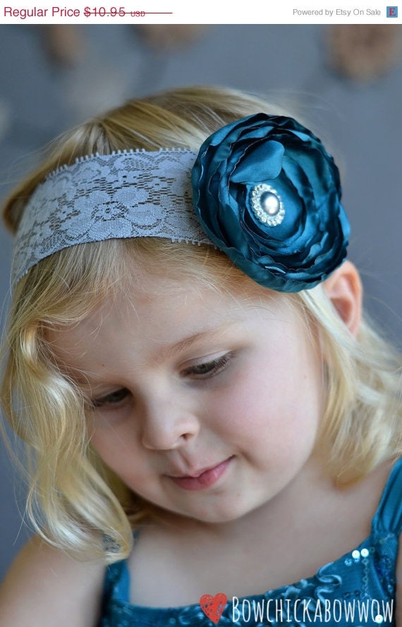 SALE Teal Headband Satin Singed Flower on Grey Lace by craftycayce