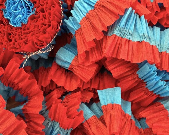 Red and Turquoise Ruffled Crepe Paper Streamers - 36 Feet - Party Decor Decoration Supplies Il_570xn