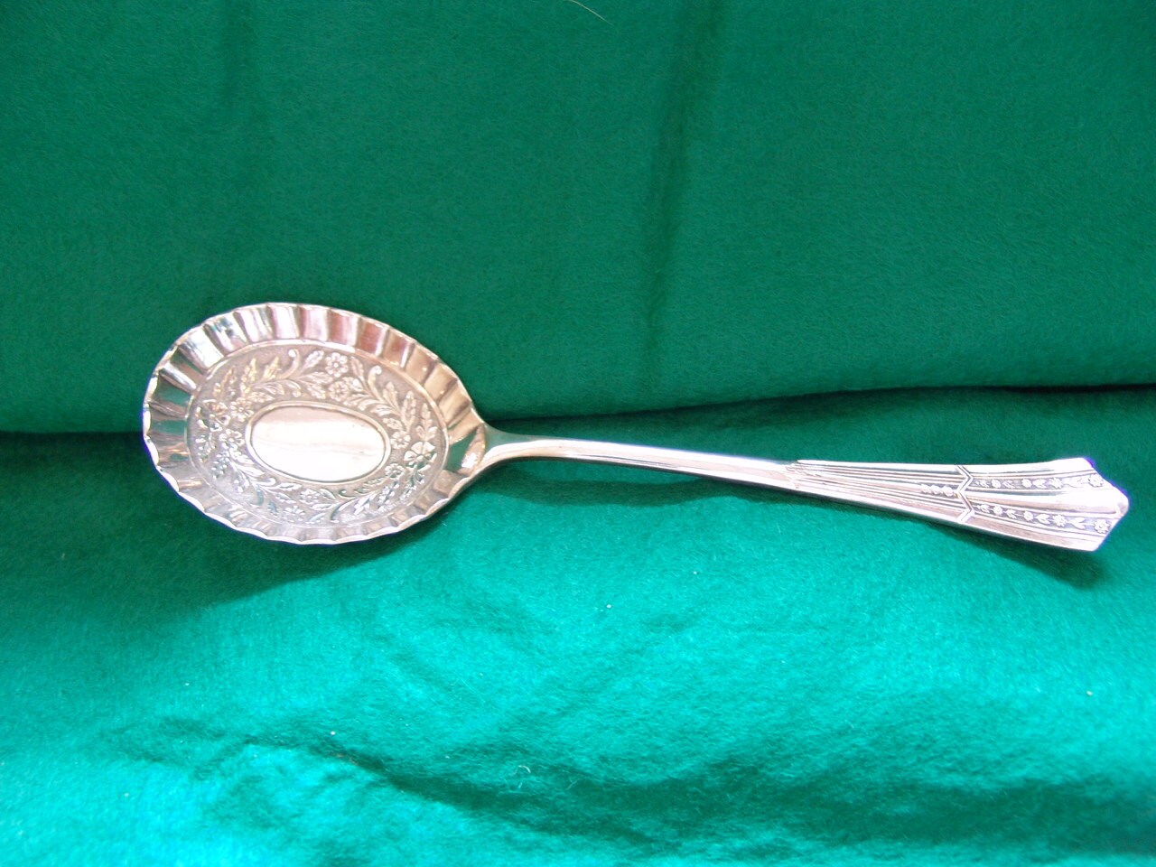 Large Vintage Engraved Serving Spoon with Floral Detail Makers Mark JSD Haute Juice
