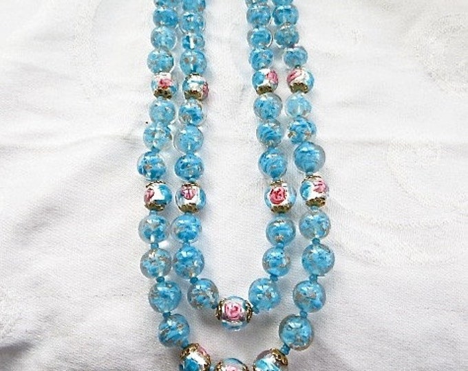 Venetian Necklace, Sommerso Beads Double Strand, Vintage Murano Glass Bead Necklace