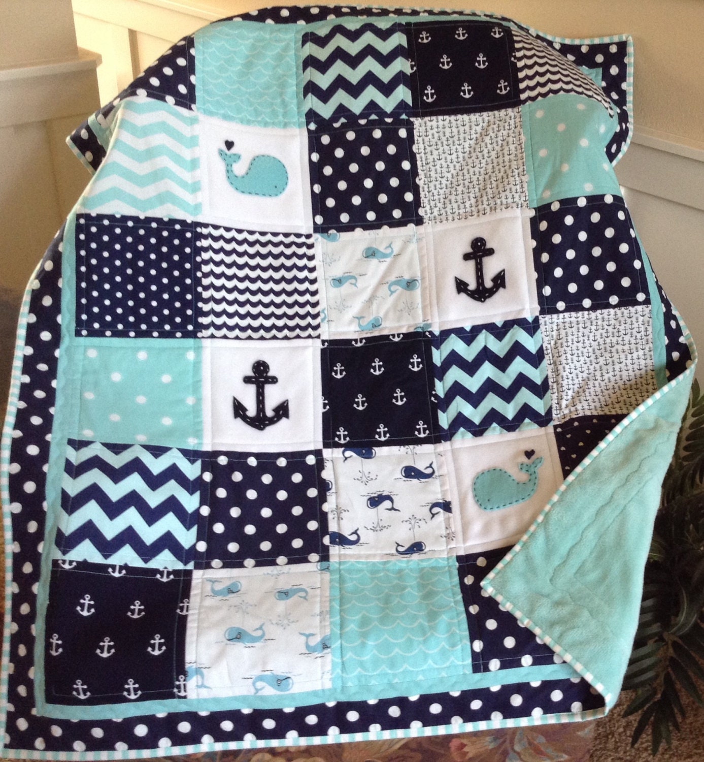 Nautical Anchor & Baby Whale quilt in aqua navy and white Etsy