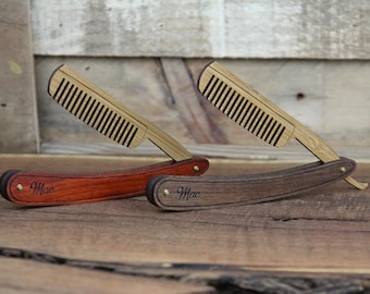 Wood Straight Razor Beard Comb - Handmade and Personalized Folding Wood Beard & Mustache Grooming Comb with Hardwood Scales and Bamboo