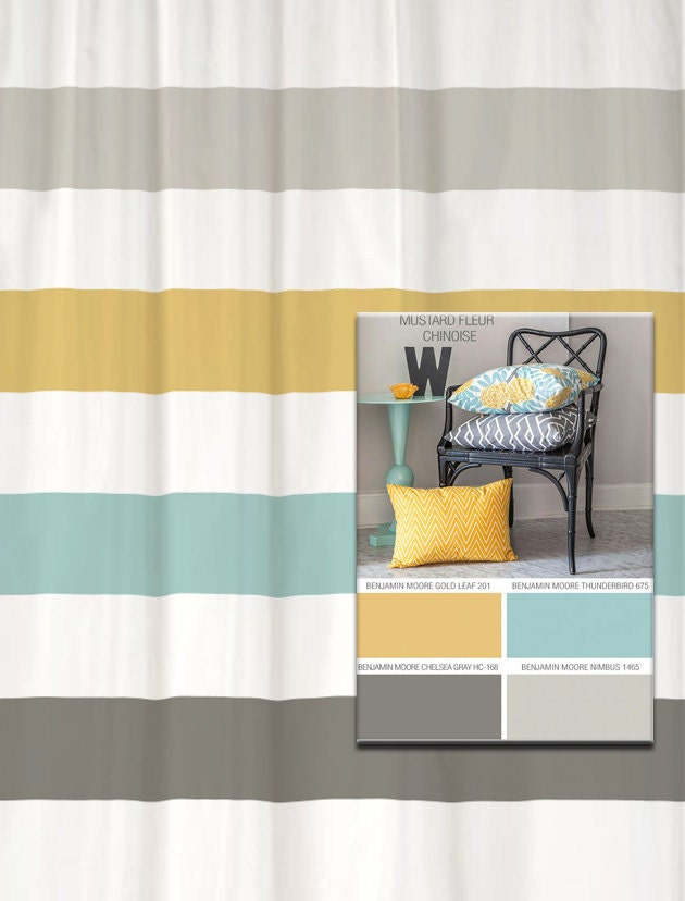 Shower Curtain in Yellow Blue Gray Inspired Stripes Standard