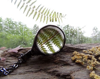 fern necklace, woodland necklace, terrarium necklace, dried fern, real moss necklace, real plant jewelry, tiffany technique