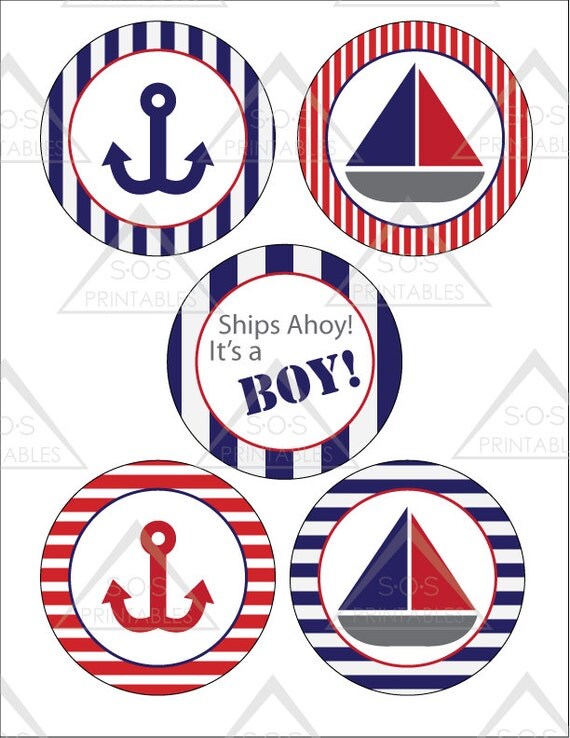 Blue and Red Nautical Sailboat Baby Shower Party Circles