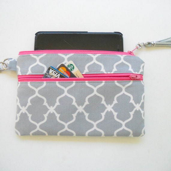 Grey and Pink Phone Wallet Wristlet fits iPhone 6 and Similar Size