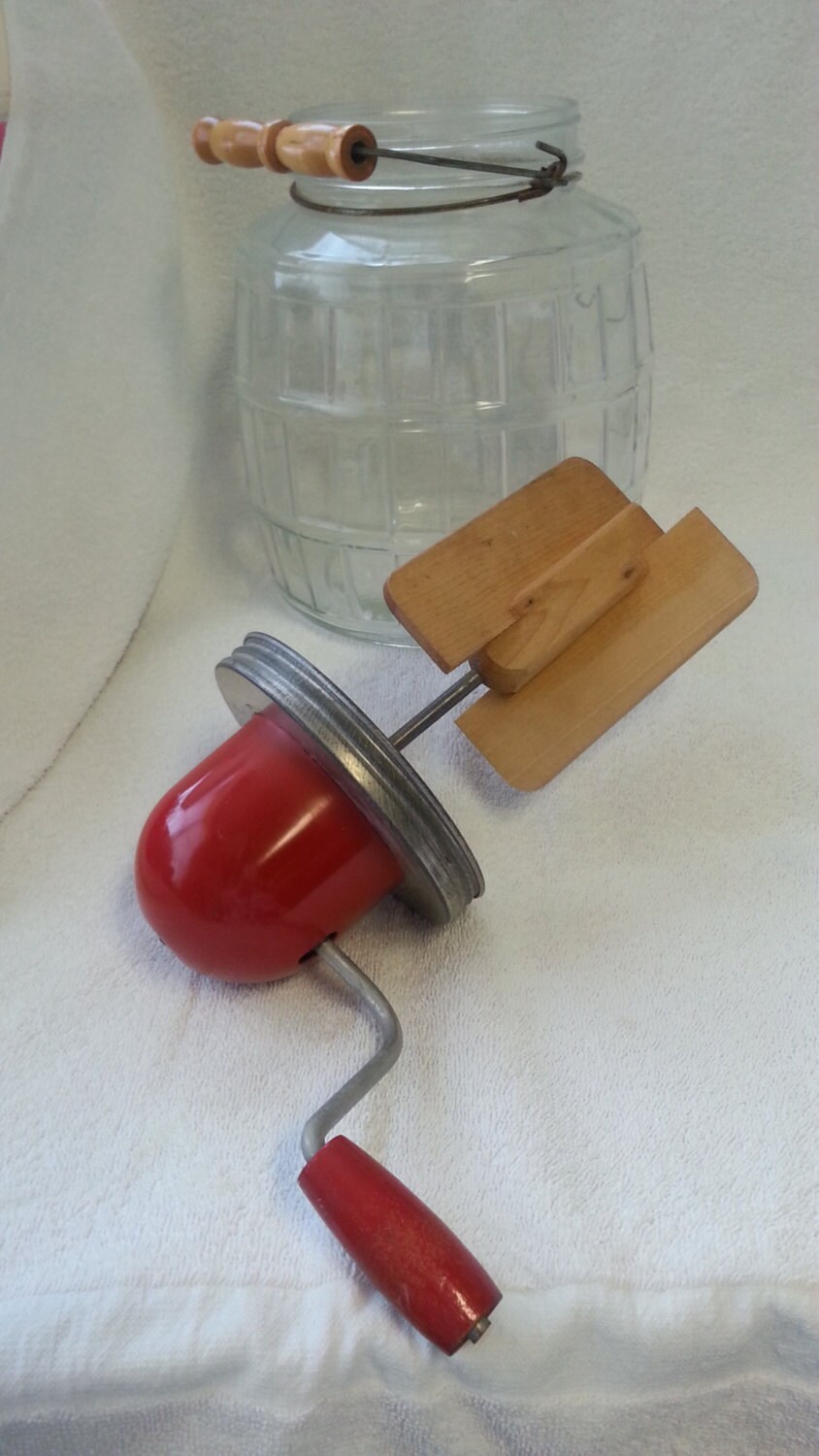 Butter churn large glass barel shaped butter churn with red