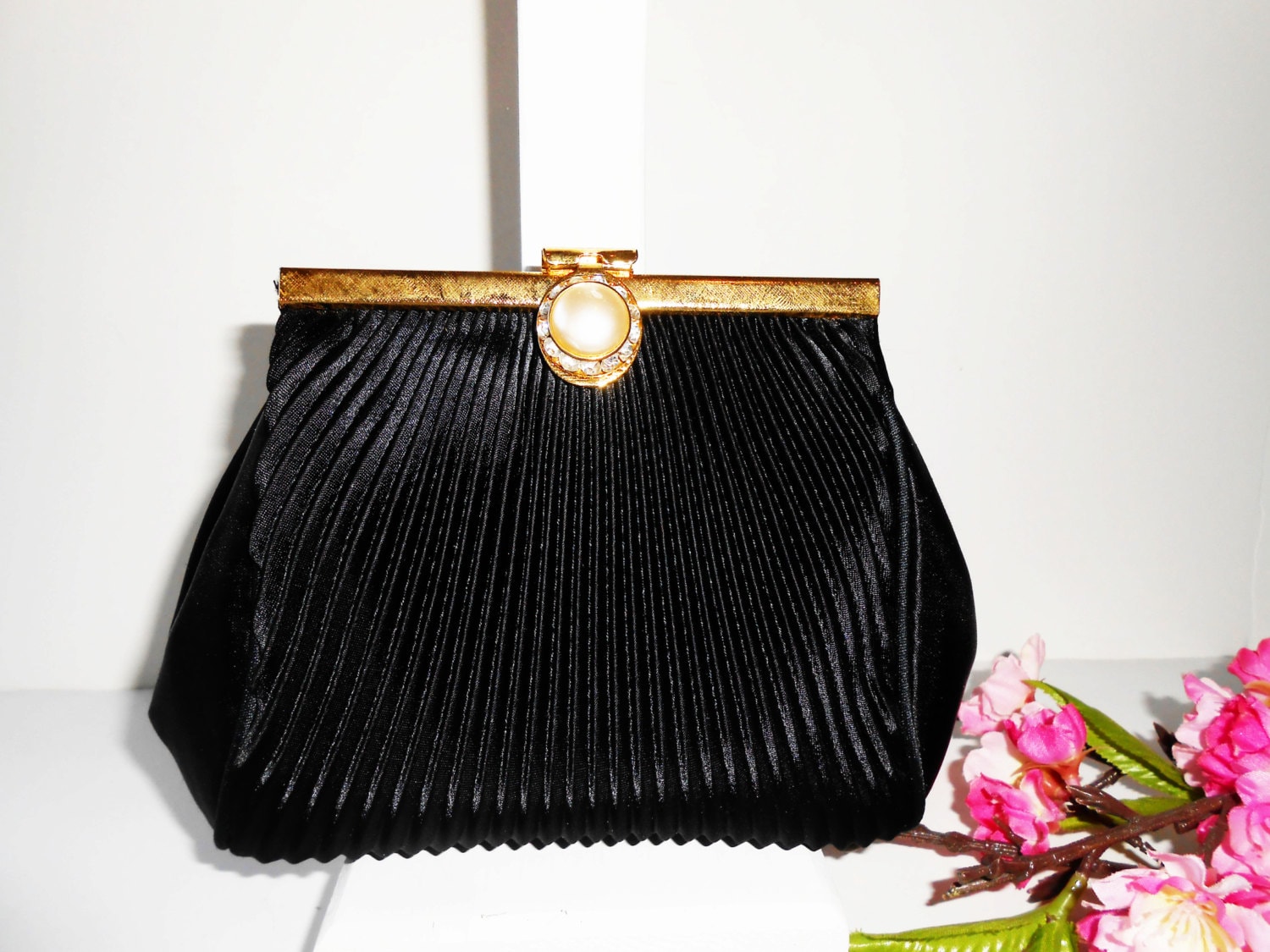Black Evening Bag Vintage Purse Black Clutch Bag Pearl