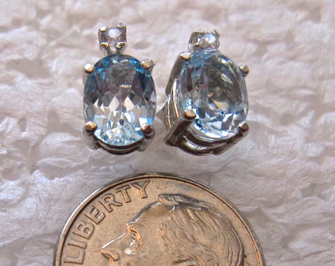 Aquamarine Studs, White Topaz Accent Stone, 8x6mm Oval, Natural, Set in Sterling Silver E778