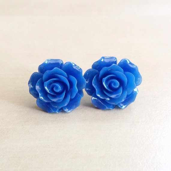Cobalt Blue Rose Earrings Silver Stud Posts by BlueButtonBaubles