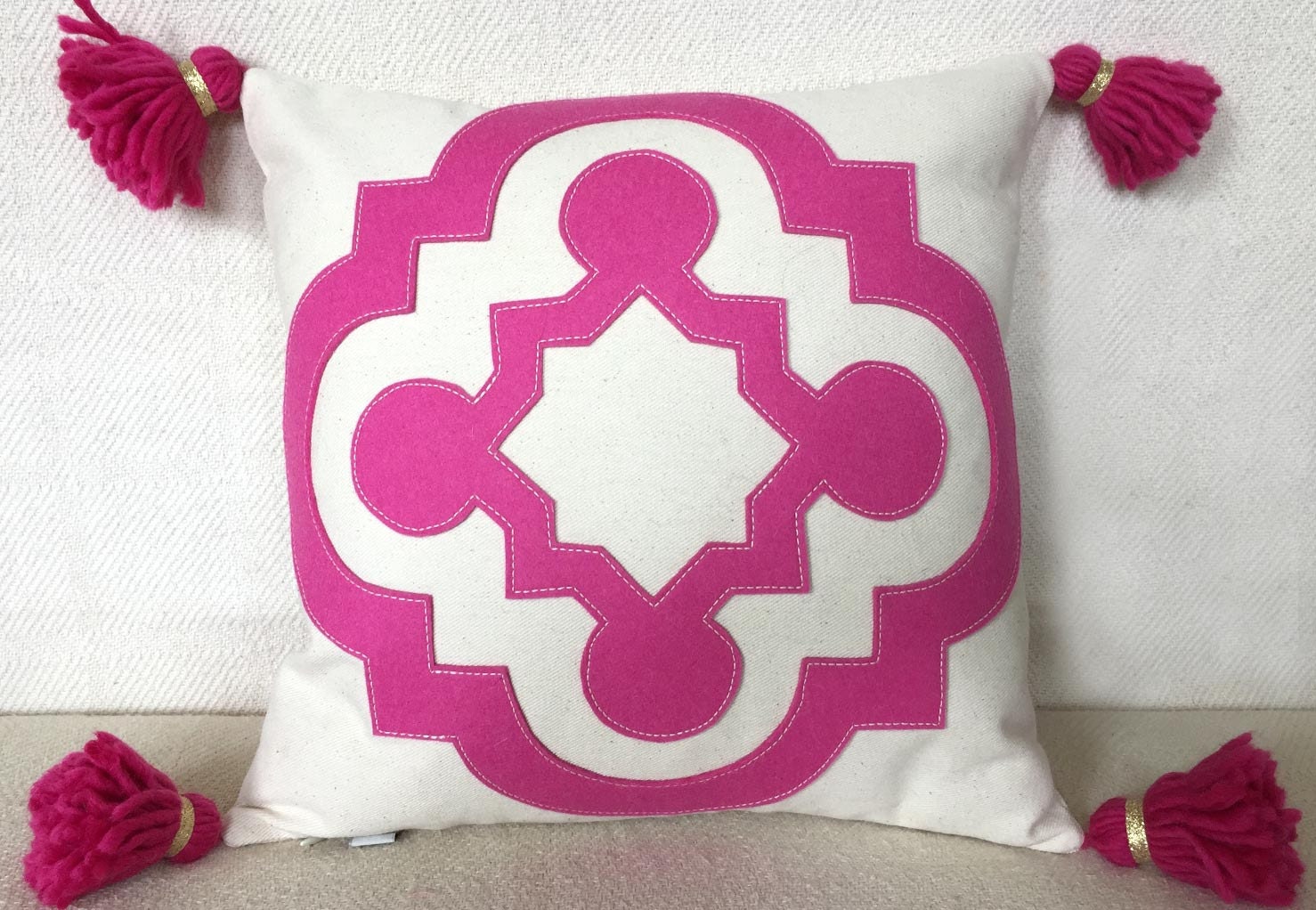 Hot Pink Quatrefoil Pillow with Wool Felt Applique on Cotton