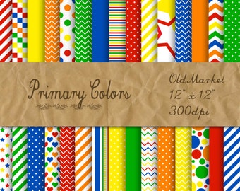Primary Colors Digital Paper - Colorful Digital Paper Pack - 30 Papers - 12in x 12in - Commercial Use - INSTANT DOWNLOAD