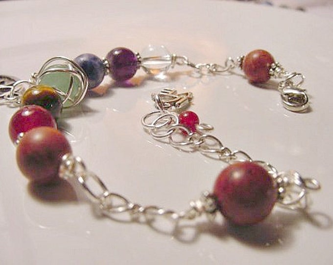 7 Chakra Bracelet Chain Bracelet OM Charm, Reiki Jewelry, Semi Precious Stones, Wire Wrapped, Valentines Day Gift Idea