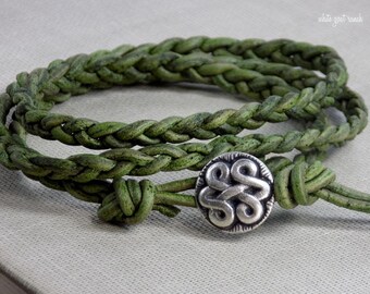 Braided Bracelet Green Leather Celtic Knot Braided Leather Wrap Boho Bracelet