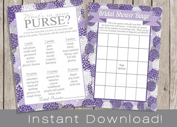 BRIDAL Shower Games / Bingo and Purse Game Cards / purple BRIDAL Shower Games / Bingo and Purse Game Cards / purple