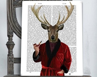 Deer In Smoking Jacket - Deer Illustration wall art wall decor wall hanging Deer art print Deer print Deer decor stag smoking pipe mens gift
