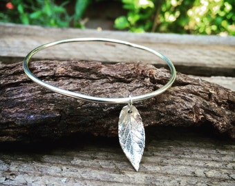 Sterling silver bangle bracelet with leaf charm, sterling silver leaf bracelet