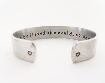 Secret Message Cuff Bracelet, She Believed She Could, So She Did, Hammered Texured, Customizable