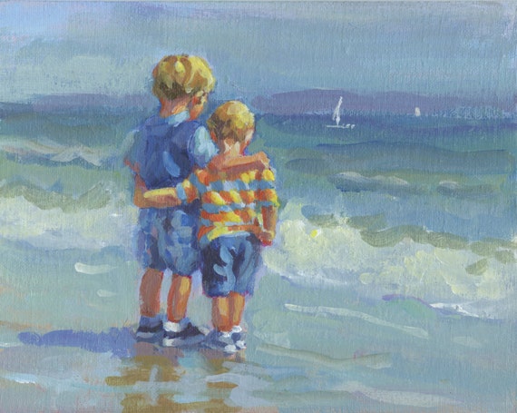 OUR BOYS 11 two boys standing on the beach Acrylic painting