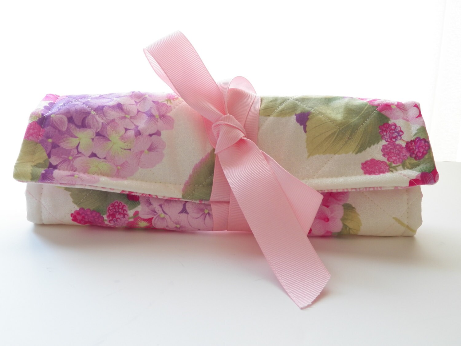 Quilted Jewelry Roll in Pink and Rose Hydrangea Fabric for