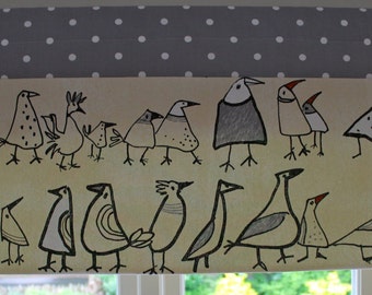 Window valance, curtain valance, cafe curtain, funky chickens, spots, lined