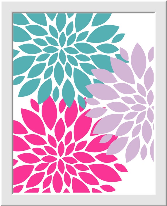 Baby Girl Nursery Art Teal Hot Pink Aqua Lavender Flower