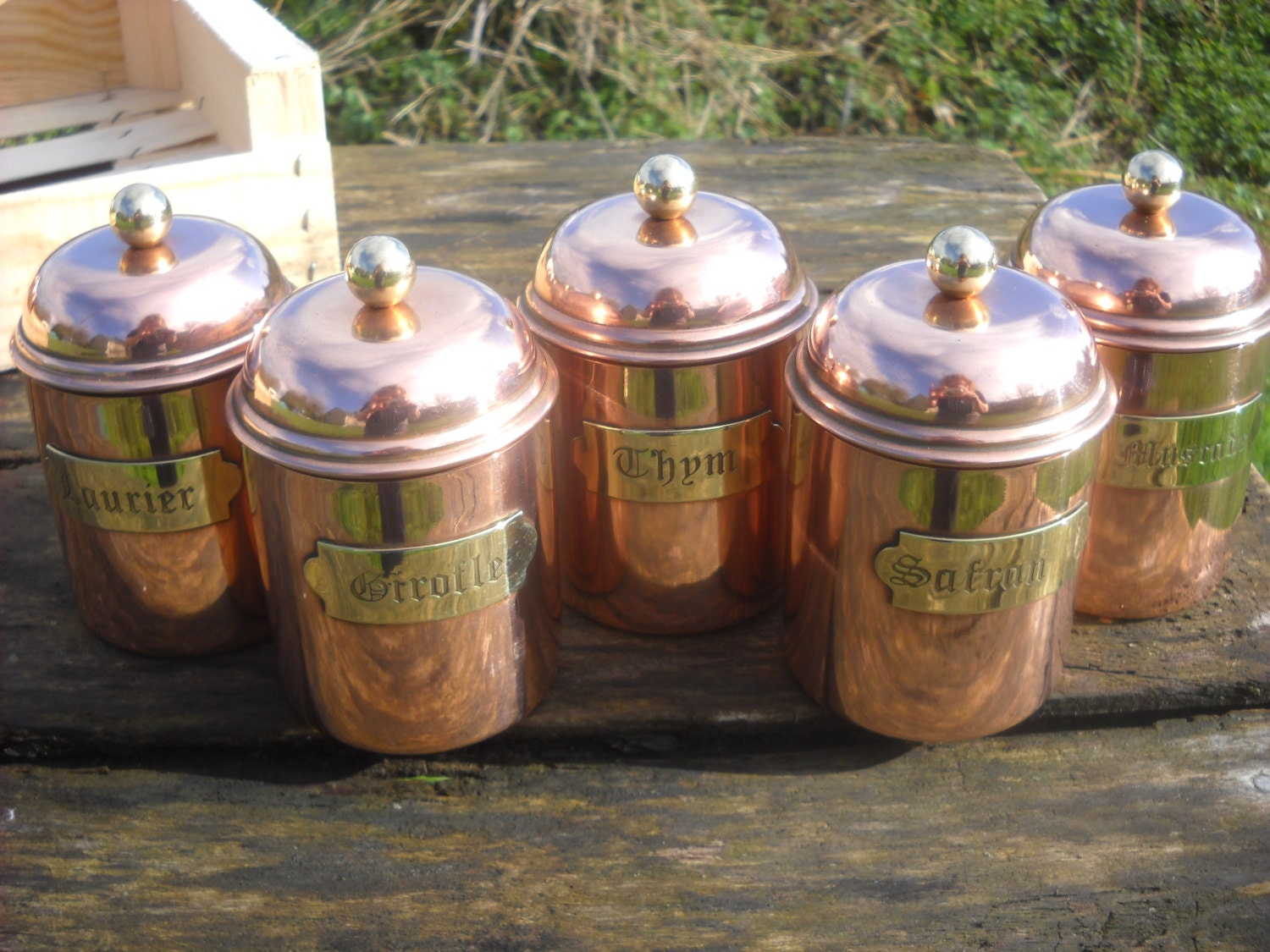 Vintage French Set of Five Copper Spice Jars Kitchen Canisters