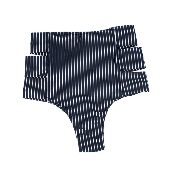 Pinstripe High Waist Bikini Bottom Peek-a-Boo Side Straps