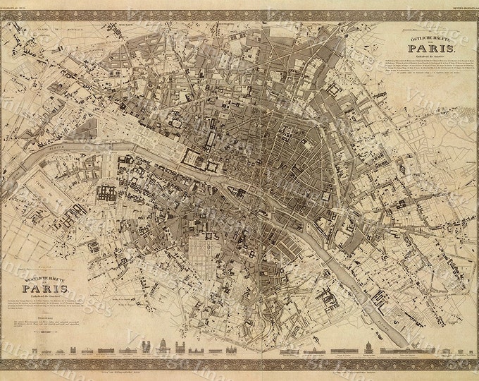 Old Map Vintage Paris City Plan, Map of Paris 1860 French style Paris map, Paris Street map Large Old Paris map Print Map Decor
