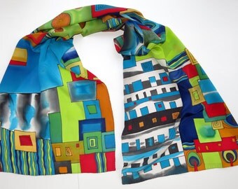 scarf on Hundertwasser motives. Hand painted silk scarf in red, green, blue painted silk. Batik scarf silk painting.