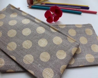 Gold Polka Dots Linen Pencil Case - Cosmetic Bag - Choose the Size - 2 Sizes Available