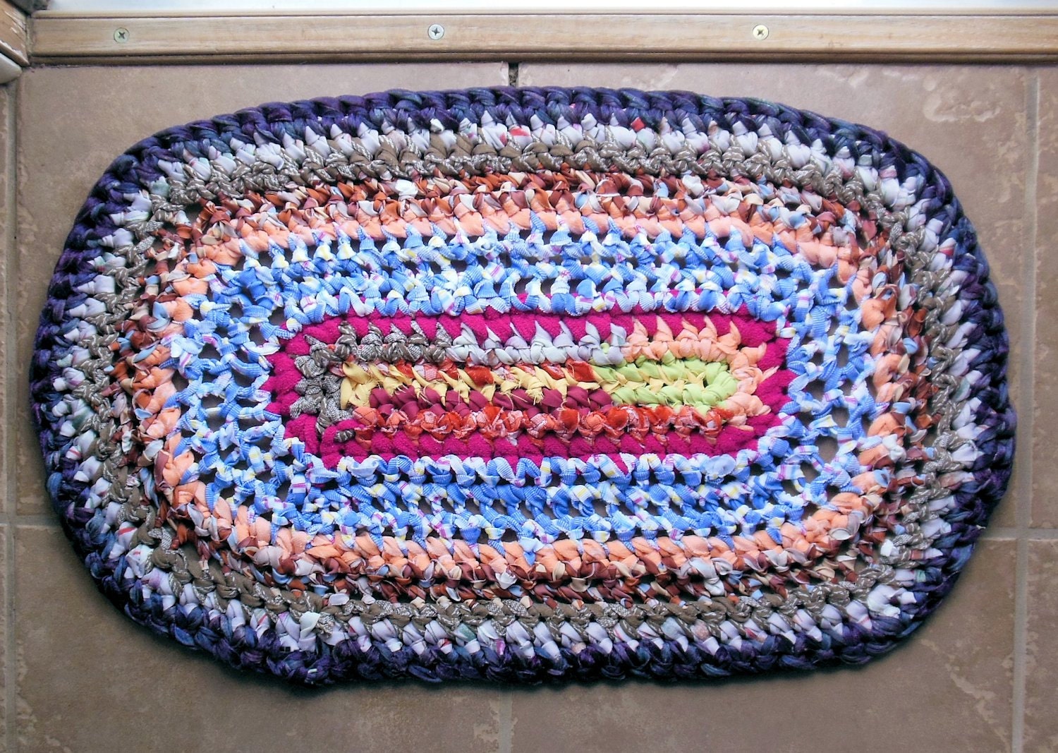 Oval Throw Rug Crochet Rag Rug Rainbow Colored by QuillsandTwills
