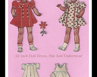 Vintage Doll Dress - For A Doll 22 Inches High - Pattern Includes Dress, Hat And Underwear - On Instant Download
