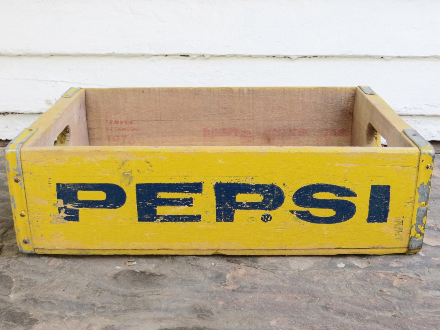 rustic yellow Pepsi crate ~ wood Pepsi-Cola open crate ~ yellow & blue ...
