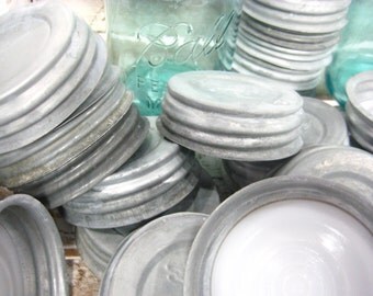 Vintage Zinc Canning Jar Lids with Milk Glass Inserts, Caning Jars, Blue Ball Mason Jars, Atlas Jars, Antique Lids