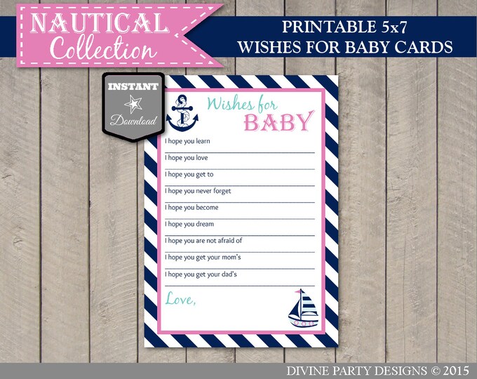 SALE INSTANT DOWNLOAD Nautical Girl Baby Shower Game Package / Wishes for Baby / Diaper Raffle / Advice / Nautical Girl Collection / Item #6
