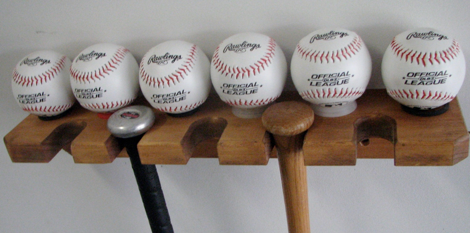 Baseball Bat Rack Holds 5 bats and 6 baseballs Oak Wood