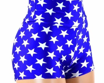 Blue and White Star Print High Waist Super Hero Booty Shorts 151195