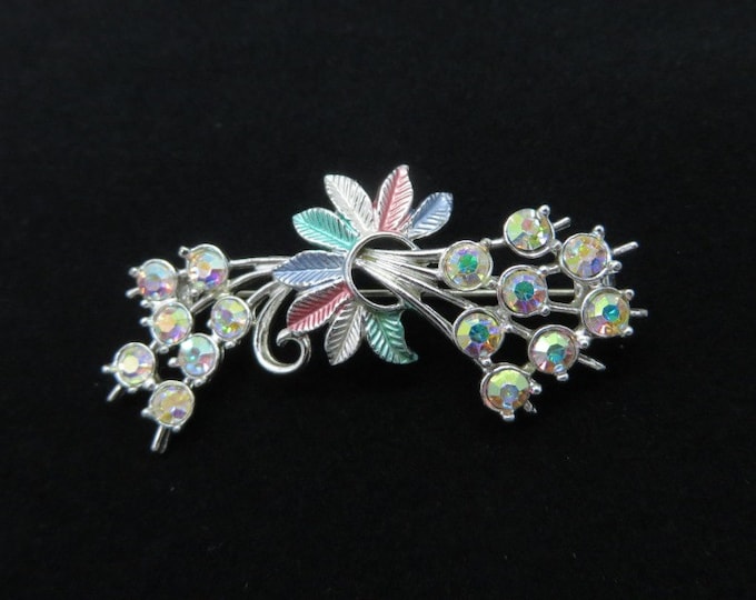 AB Rhinestone Flowers & Feathers Brooch, Vintage Silver Tone Pastel Pin